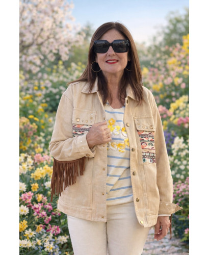 Cazadora Denim Bordada Flecos Ivory