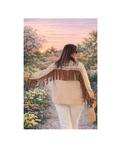 Cazadora Denim Bordada Flecos Ivory 2