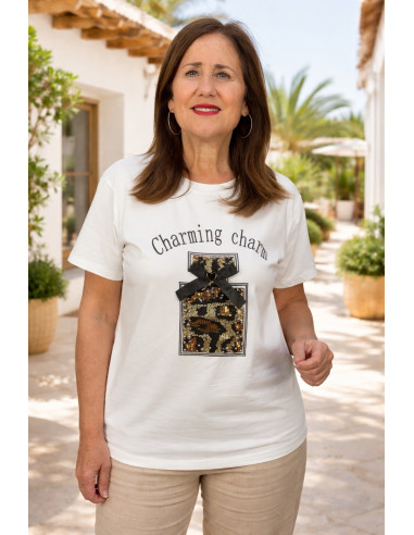 Camiseta blanca perfume con lentejuelas animal...