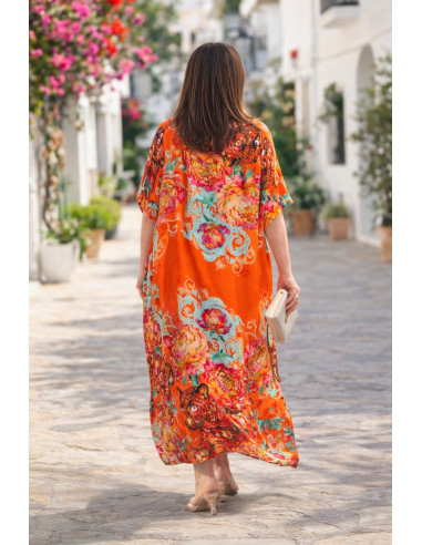 Vestido camisero estampado pantera fondo naranja