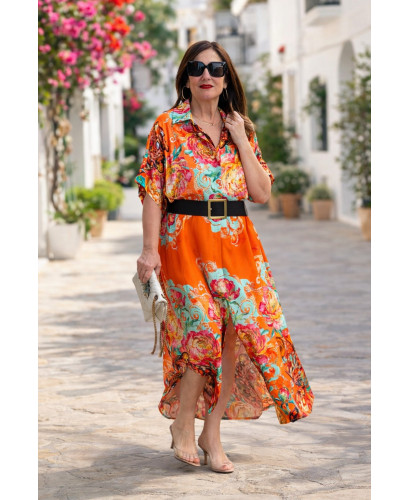 Vestido camisero estampado pantera fondo naranja