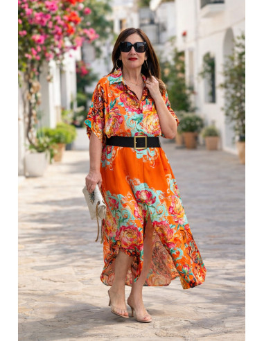 Vestido camisero estampado pantera fondo naranja