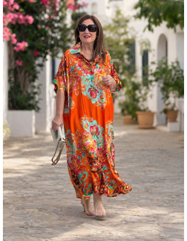 Vestido camisero estampado pantera fondo naranja