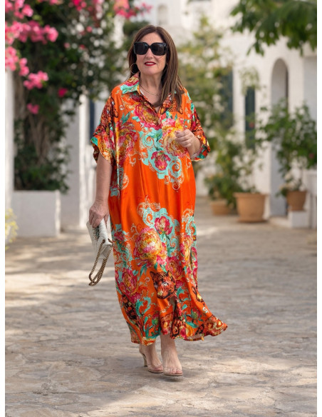 Vestido camisero estampado pantera fondo naranja