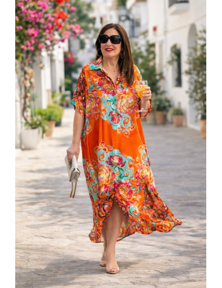 Vestido camisero estampado pantera fondo naranja