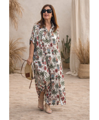 Vestido camisero estampado tropical fondo crudo