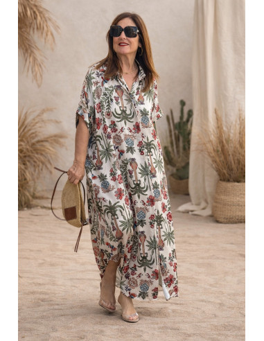 Vestido camisero estampado tropical fondo crudo