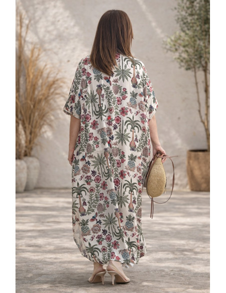 Vestido camisero estampado tropical fondo crudo