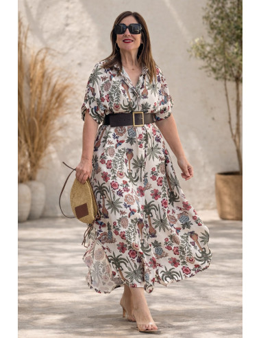 Vestido camisero estampado tropical fondo crudo