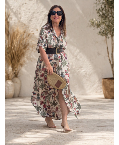 Vestido camisero estampado tropical fondo crudo 2