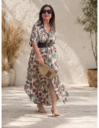 Vestido camisero estampado tropical fondo crudo