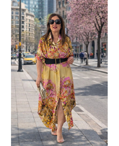 Vestido camisero estampado pantera fondo amarillo