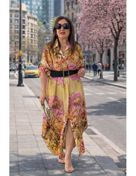 Vestido camisero estampado pantera fondo amarillo