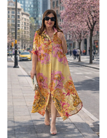 Vestido camisero estampado pantera fondo amarillo