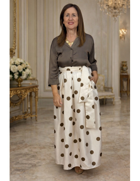 Falda midi de tafetán con lunares y lazo en cintura