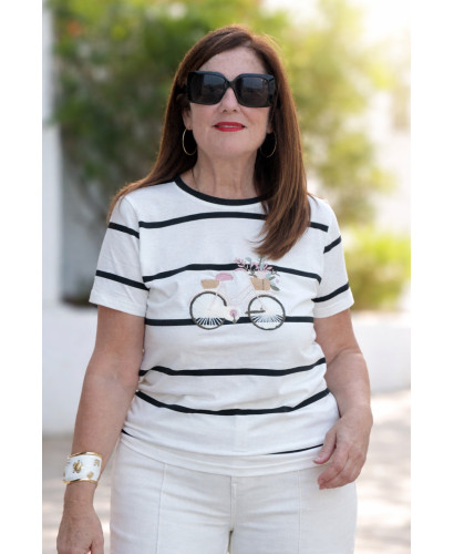 Camiseta navy con bicicleta bordada en blanco y negro