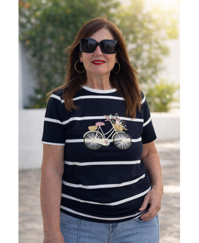 Camiseta navy con bicicleta bordada en marino y blanco
