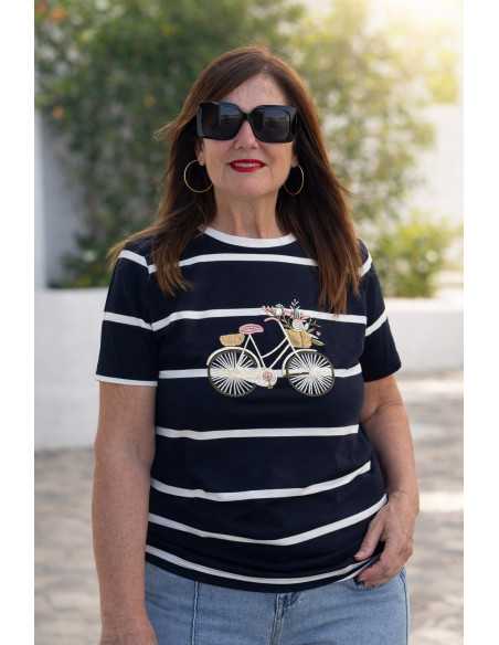 Camiseta navy con bicicleta bordada en marino y blanco
