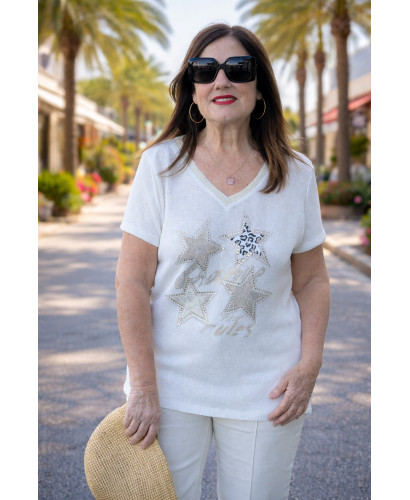 Camiseta de hilo brillo con estrellas strass y animal print