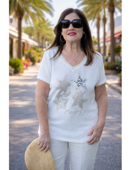 Camiseta de hilo brillo con estrellas strass y animal print