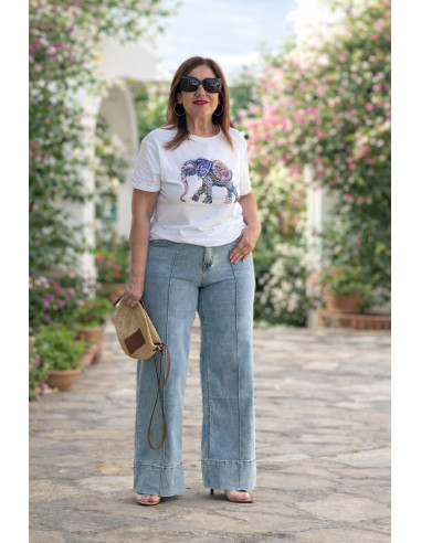 Pantalón vaquero recto de pata ancha elástico