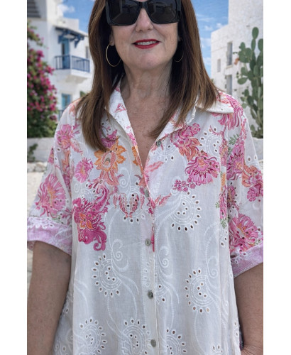 Vestido camisero bordado mujer en algodón con estampado rosa 2