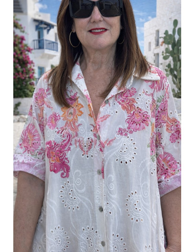 Vestido camisero bordado mujer en algodón con...