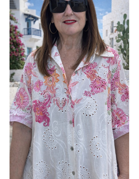 Vestido camisero bordado mujer en algodón con estampado rosa