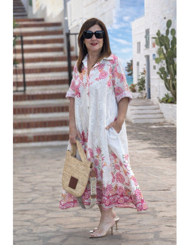 Vestido camisero bordado mujer en algodón con...