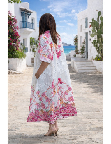 Vestido camisero bordado mujer en algodón con...