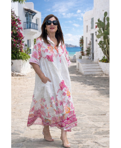 Vestido camisero bordado mujer en algodón con estampado rosa