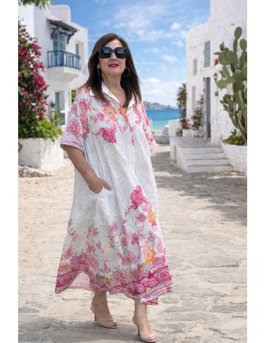 Vestido camisero bordado mujer en algodón con...