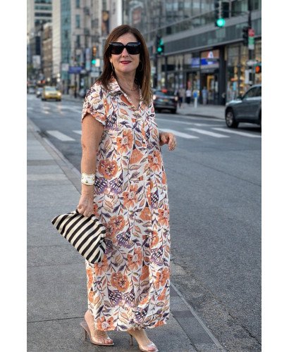 Vestido camisero largo floral mujer en tonos naranja y malva