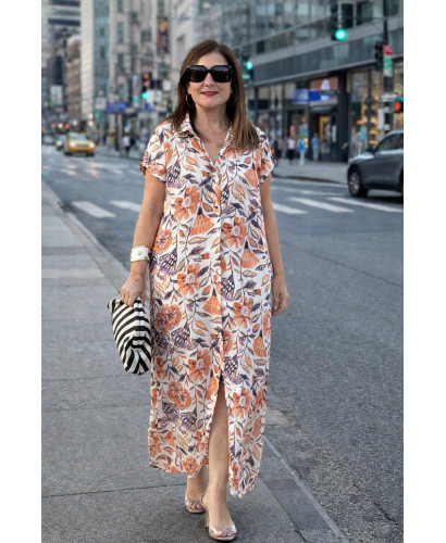 Vestido camisero largo floral mujer en tonos naranja y malva 2