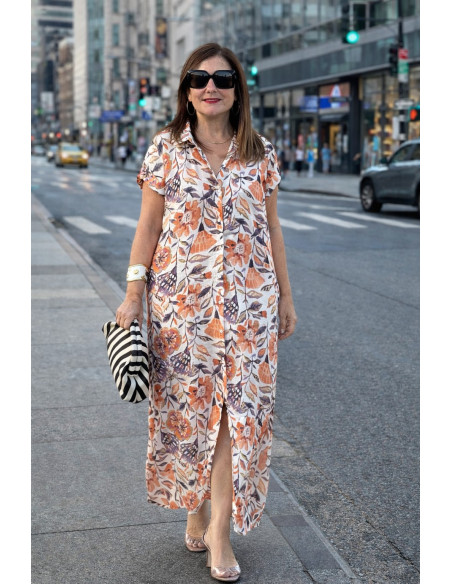 Vestido camisero largo floral mujer en tonos naranja y malva