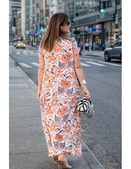 Vestido camisero largo floral mujer en tonos naranja y malva