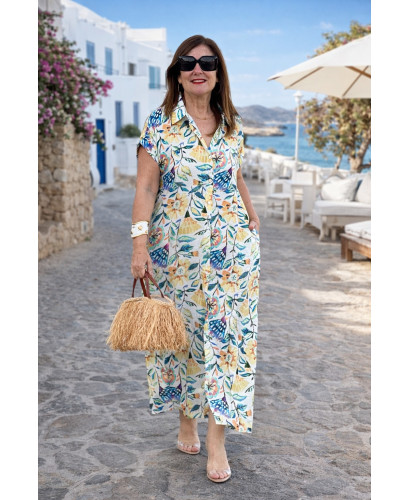 Vestido camisero largo floral mujer en tonos amarillos y...