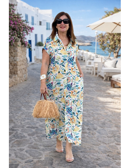 Vestido camisero largo floral mujer en tonos amarillos y azules