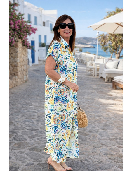 Vestido camisero largo floral mujer en tonos amarillos y azules