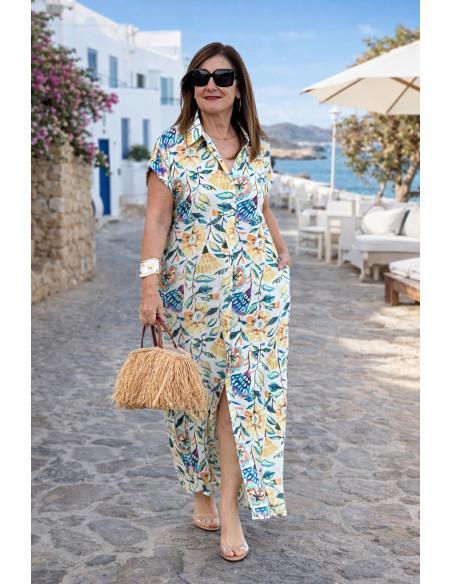 Vestido camisero largo floral mujer en tonos amarillos y azules