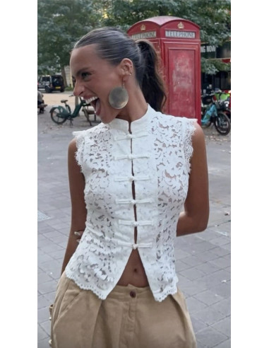 Blusa de encaje blanca mujer con cuello mao y...