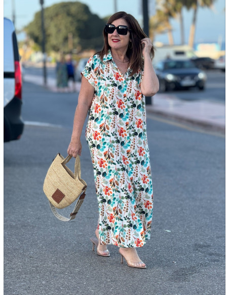 Vestido camisero largo tonos turquesa