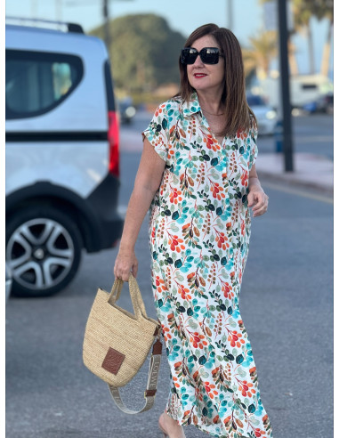 Vestido camisero largo tonos turquesa