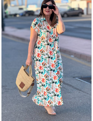 Vestido camisero largo tonos turquesa