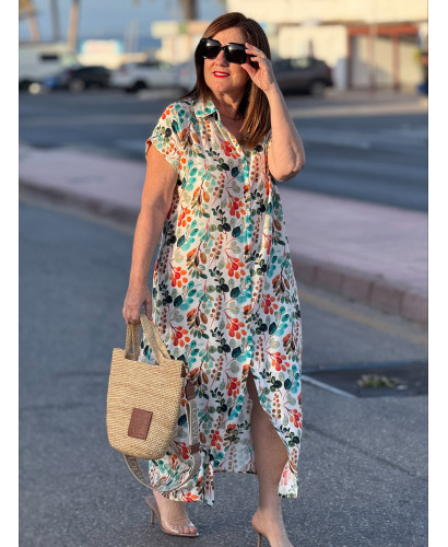 Vestido camisero largo tonos turquesa