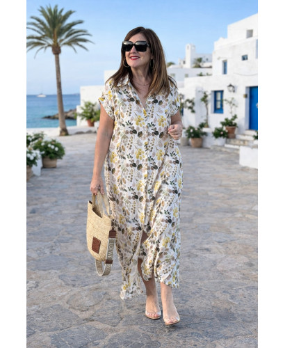 Vestido camisero largo tonos marrones y verdes