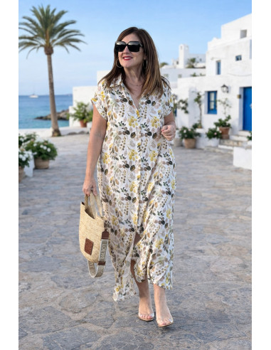 Vestido camisero largo tonos marrones y verdes