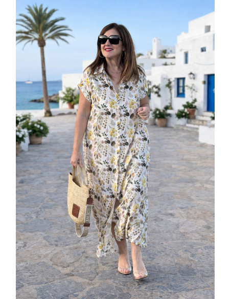 Vestido camisero largo tonos marrones y verdes