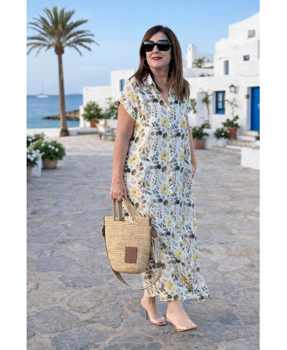 Vestido camisero largo tonos marrones y verdes 2