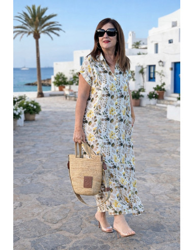 Vestido camisero largo tonos marrones y verdes